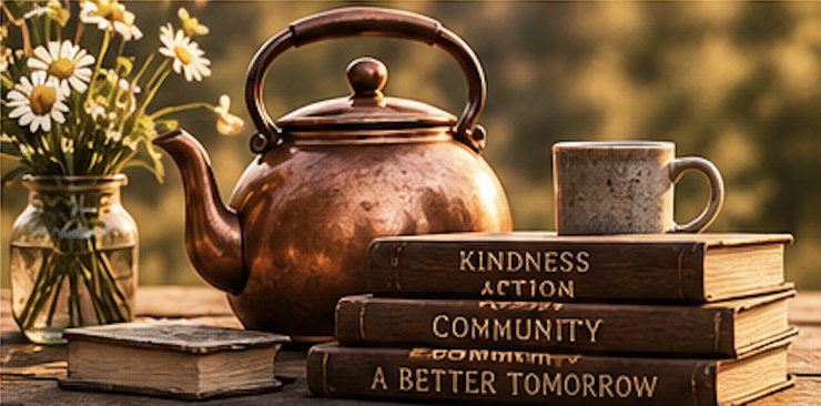 A copper kettle on a weathered table beside a jar of daisies, a stoneware mug, and a stack of old books lettered Kindness, Community, and A Better Tomorrow.