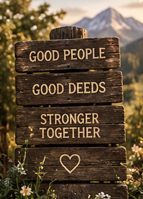 A weathered wooden signpost standing in a mountain meadow, its three boards reading Good People, Good Deeds, Stronger Together, with a heart carved beneath.